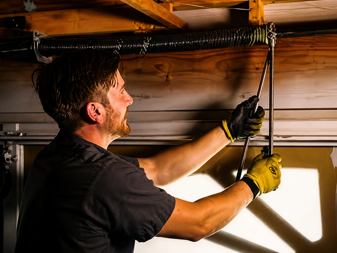 Garage door technician inspecting a torsion spring on a Houston area home